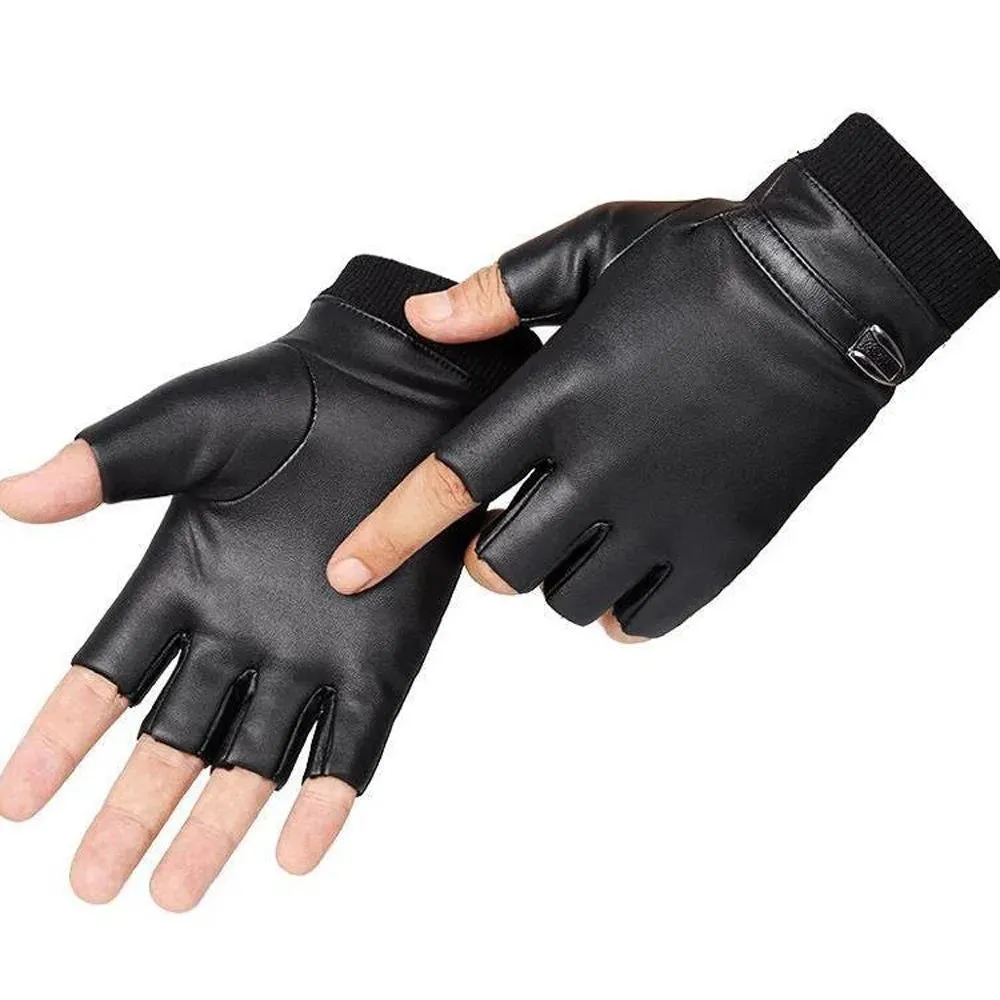 Black PU Leather Fingerless Mens Gloves Solid Button Warm Half Finger Driving Men Riding Gloves