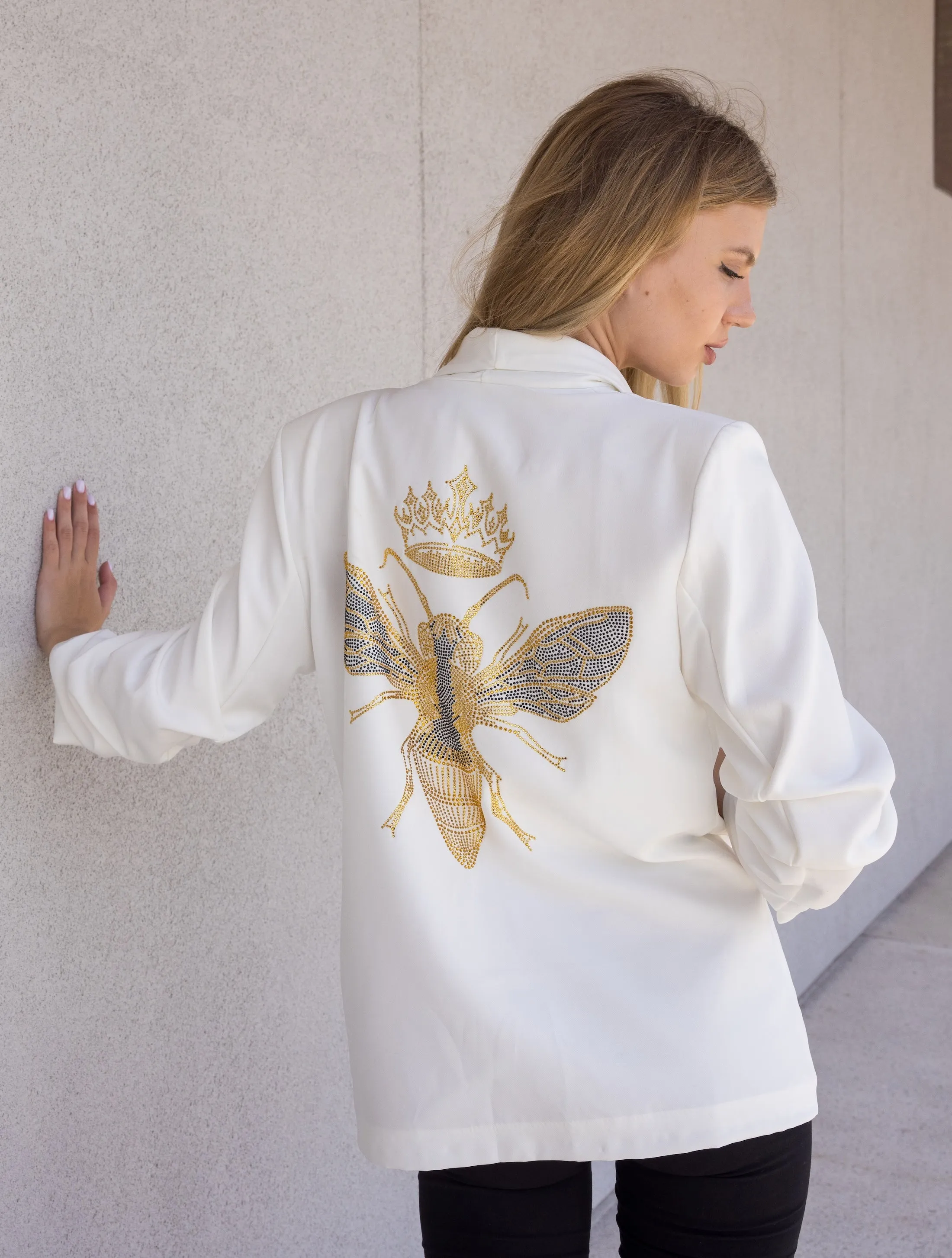 Blazer, Ruched White, Gold Queen Bee