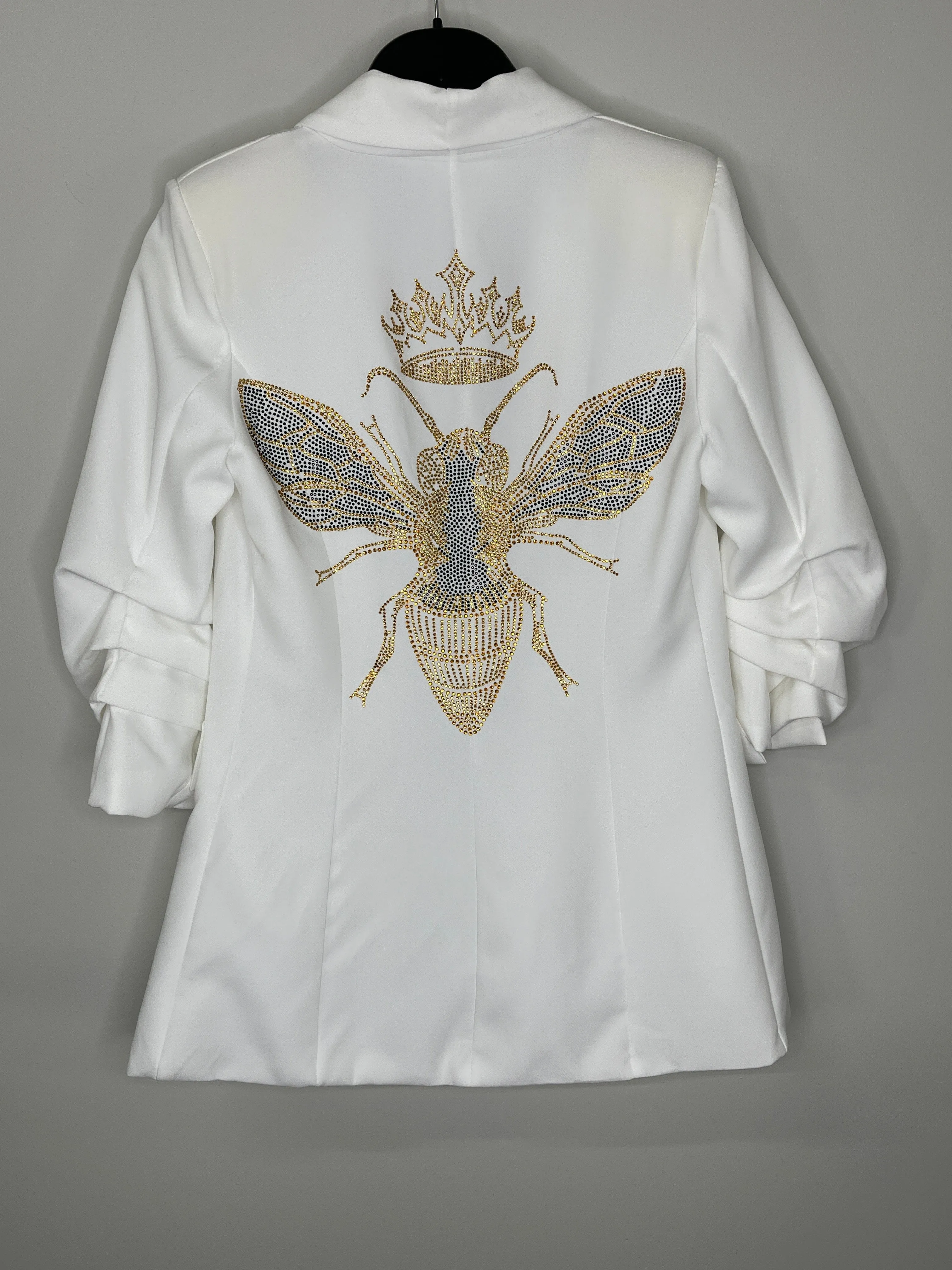 Blazer, Ruched White, Gold Queen Bee