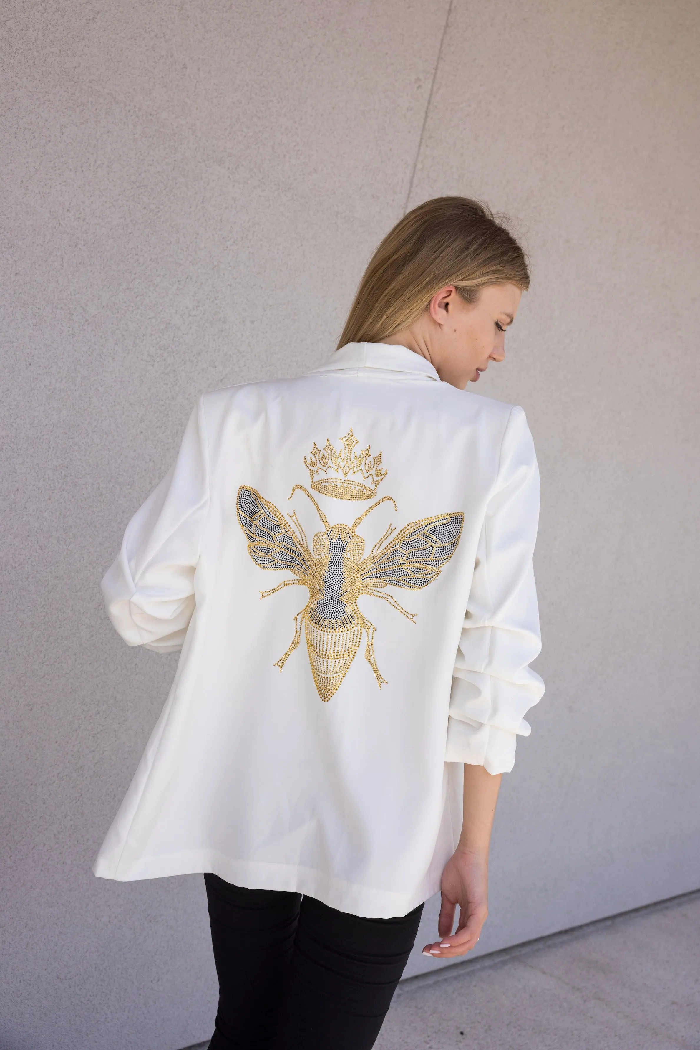 Blazer, Ruched White, Gold Queen Bee