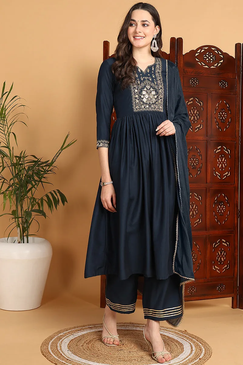 Blue Cotton Blend Solid Yoke Design A Line Suit Set