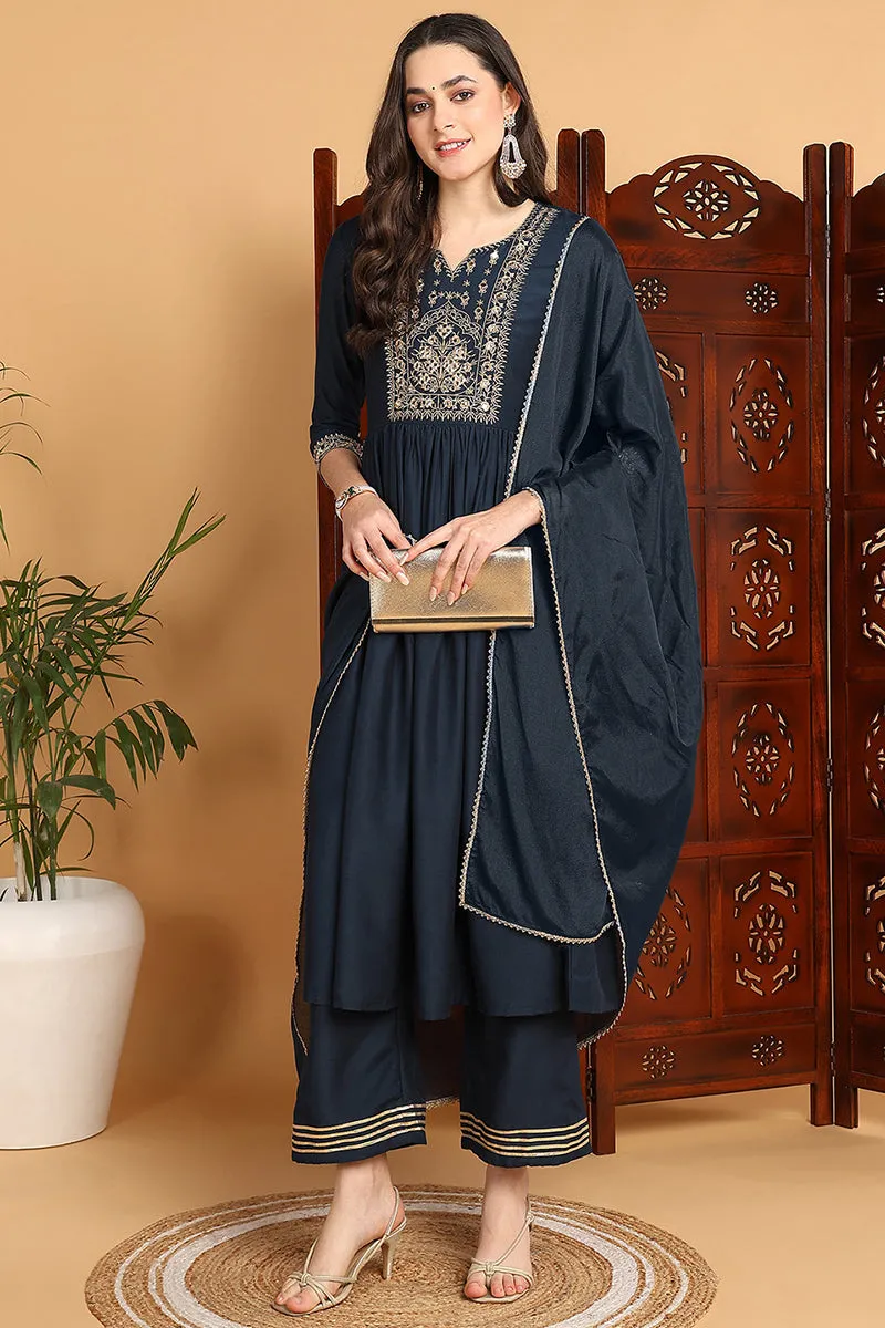 Blue Cotton Blend Solid Yoke Design A Line Suit Set