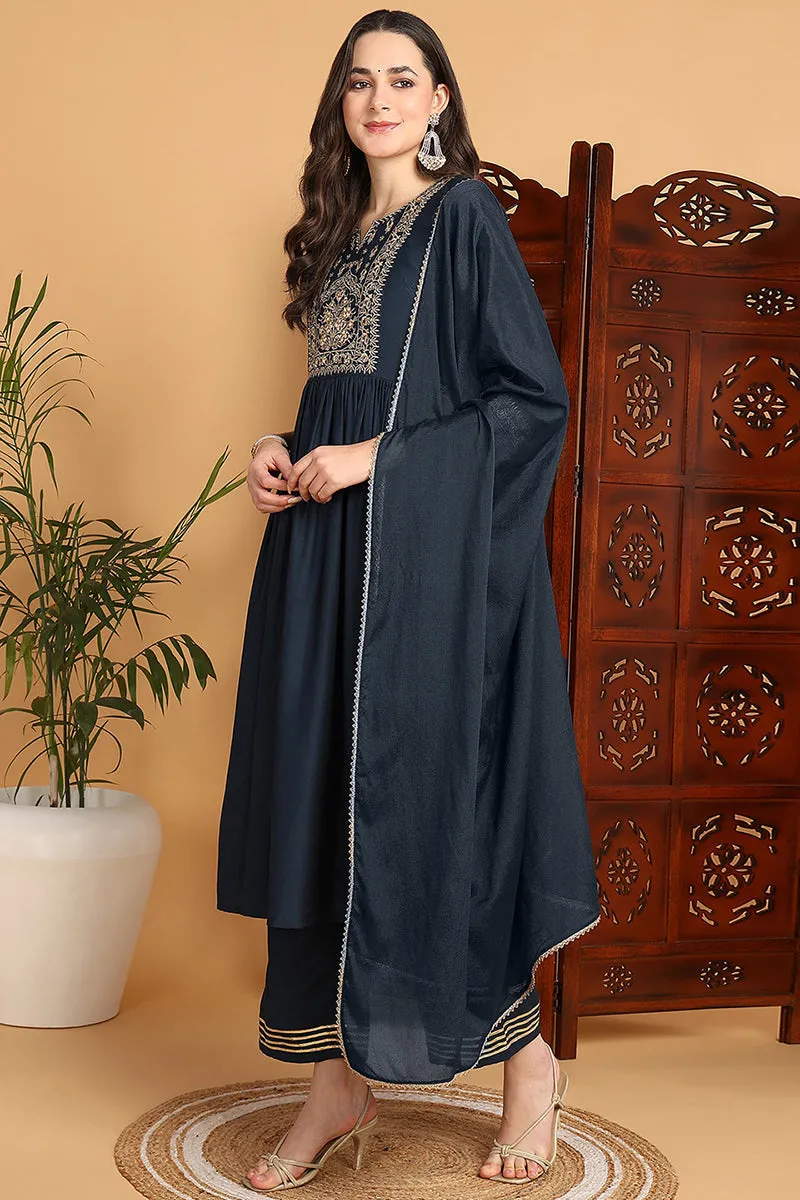 Blue Cotton Blend Solid Yoke Design A Line Suit Set