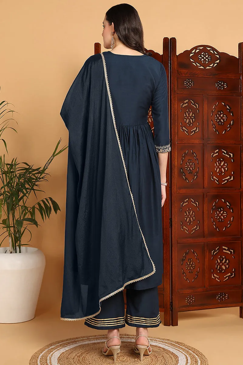 Blue Cotton Blend Solid Yoke Design A Line Suit Set