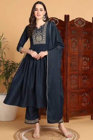 Blue Cotton Blend Solid Yoke Design A Line Suit Set