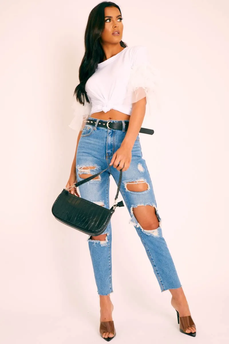 Blue Denim Extreme Distressed Mom Jeans - Jacia