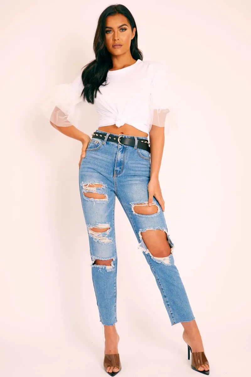 Blue Denim Extreme Distressed Mom Jeans - Jacia