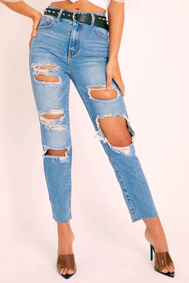 Blue Denim Extreme Distressed Mom Jeans - Jacia