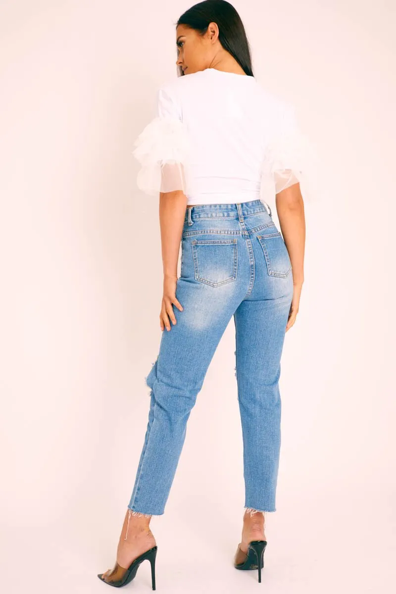 Blue Denim Extreme Distressed Mom Jeans - Jacia