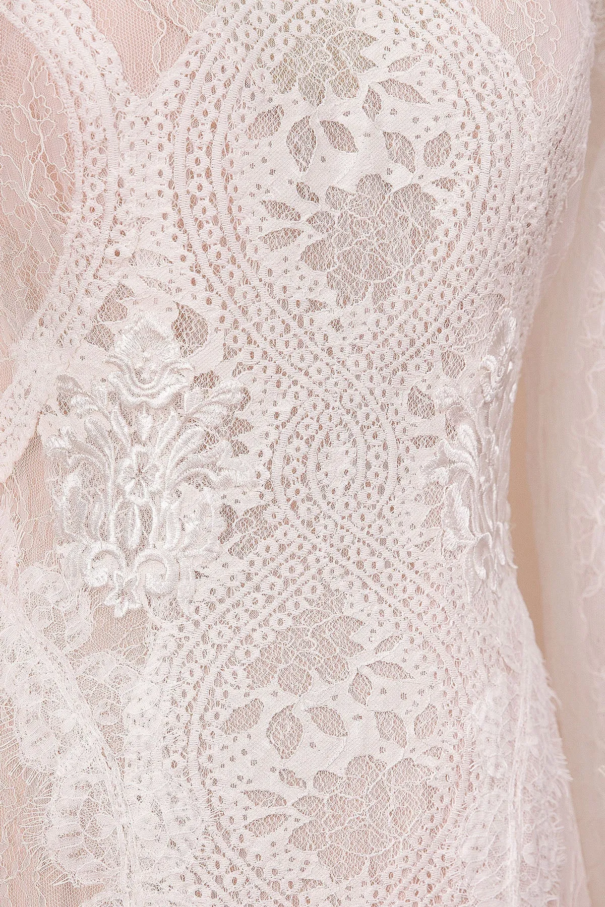 Boho Lace Chiffon Long Sleeve Blush Pink Beach Wedding Dress