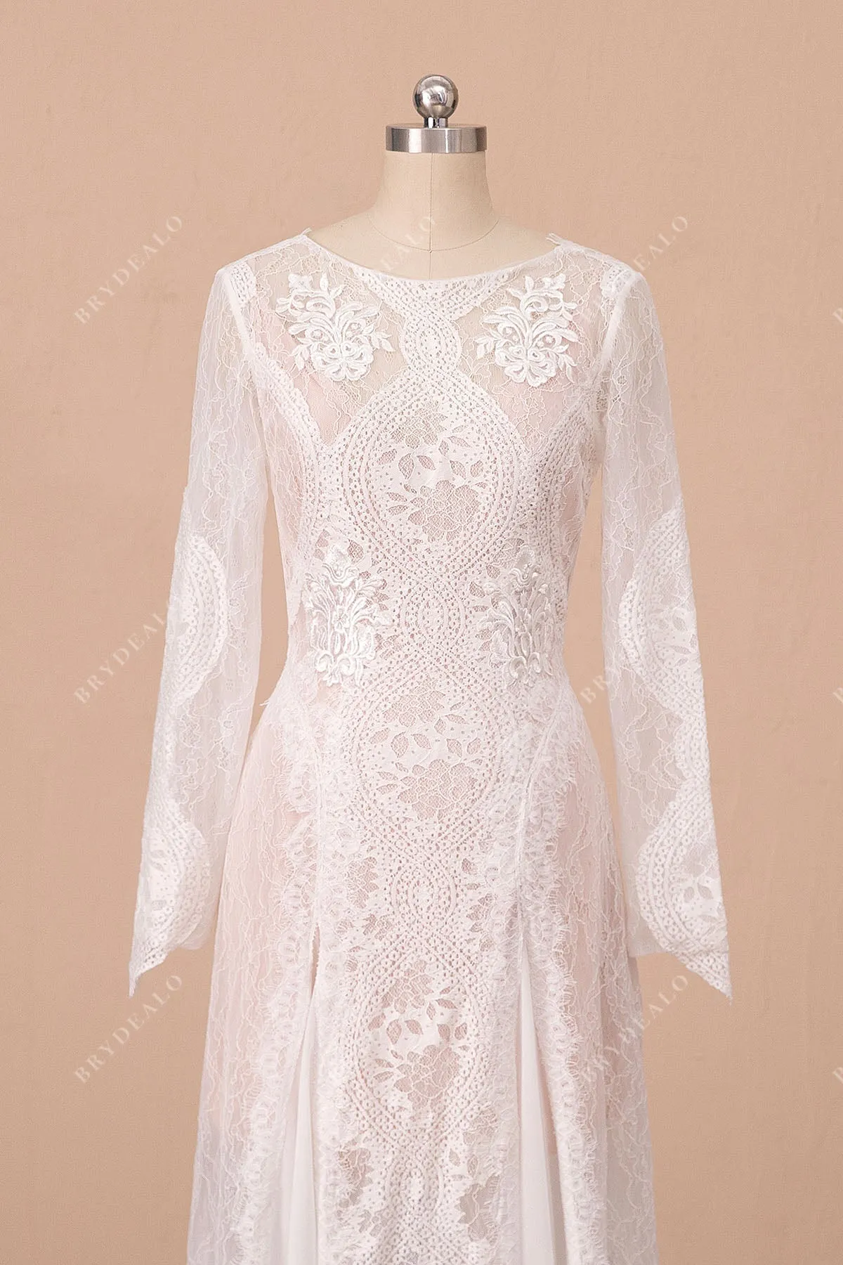 Boho Lace Chiffon Long Sleeve Blush Pink Beach Wedding Dress