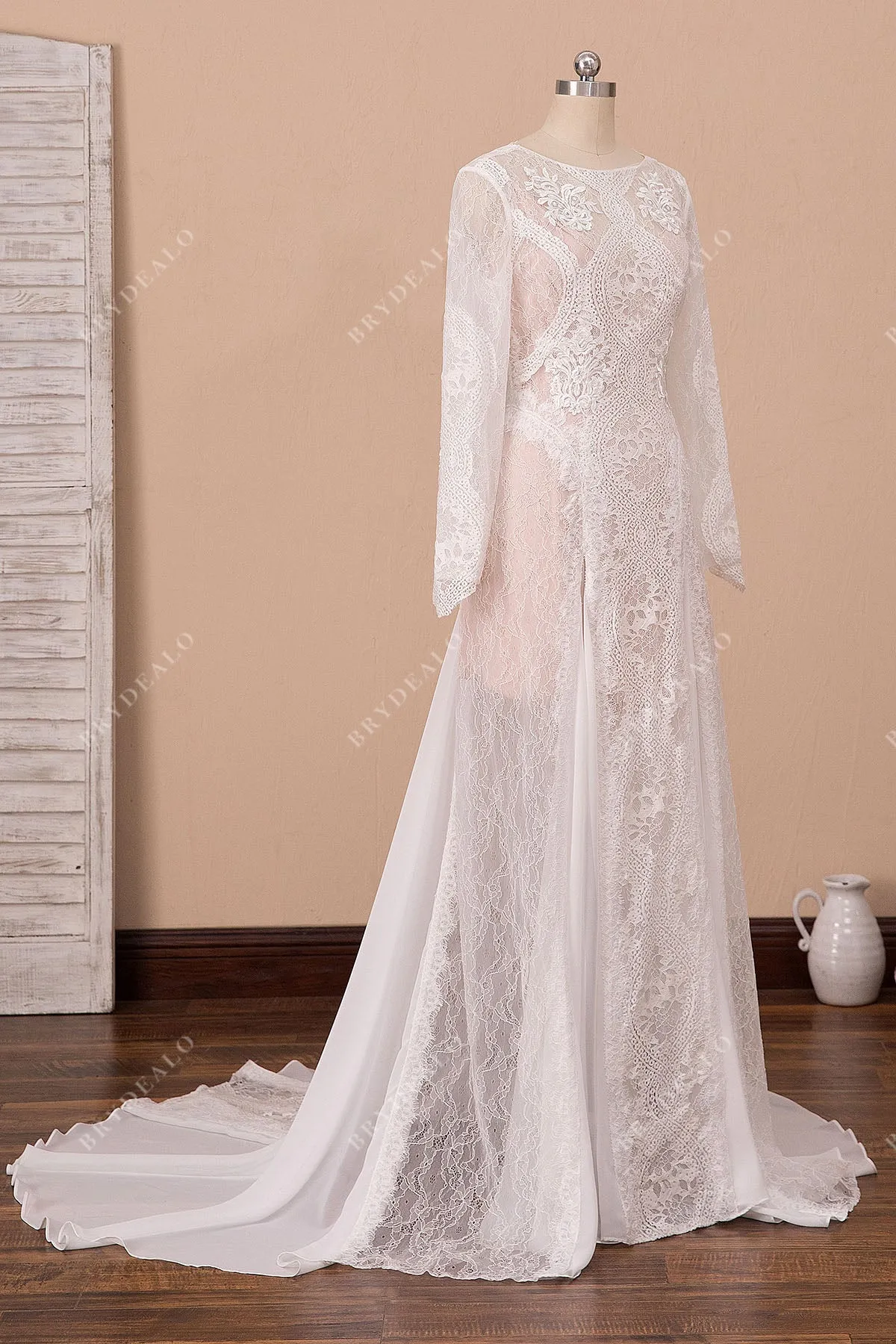 Boho Lace Chiffon Long Sleeve Blush Pink Beach Wedding Dress