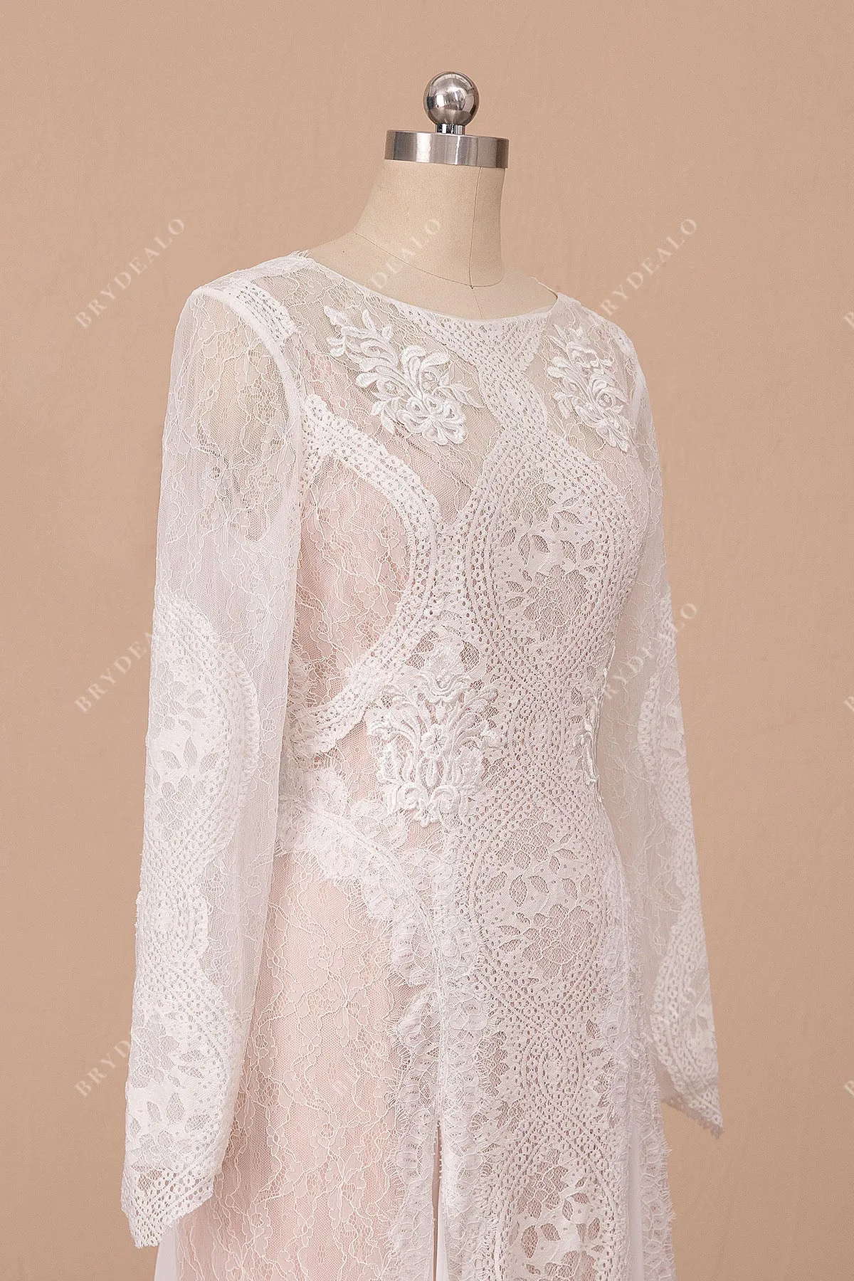 Boho Lace Chiffon Long Sleeve Blush Pink Beach Wedding Dress