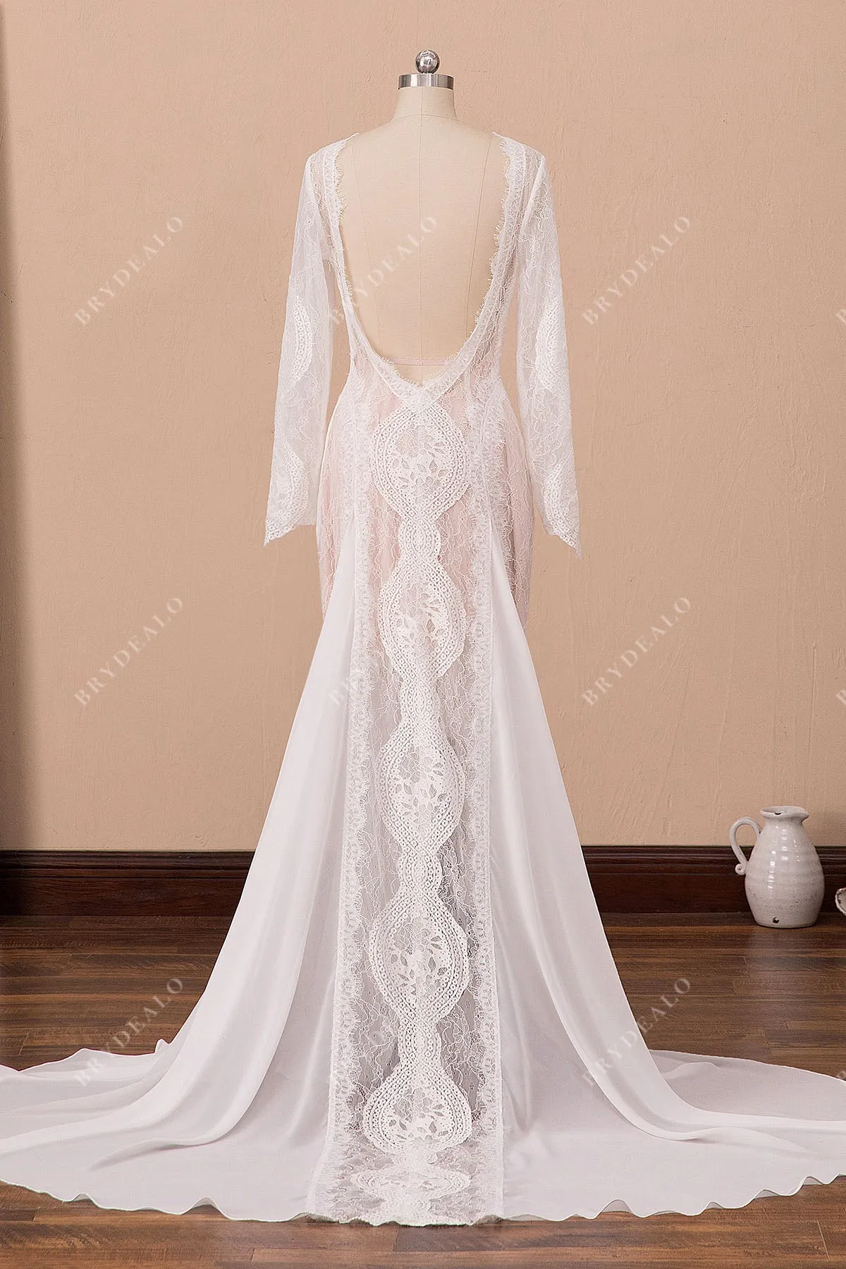 Boho Lace Chiffon Long Sleeve Blush Pink Beach Wedding Dress