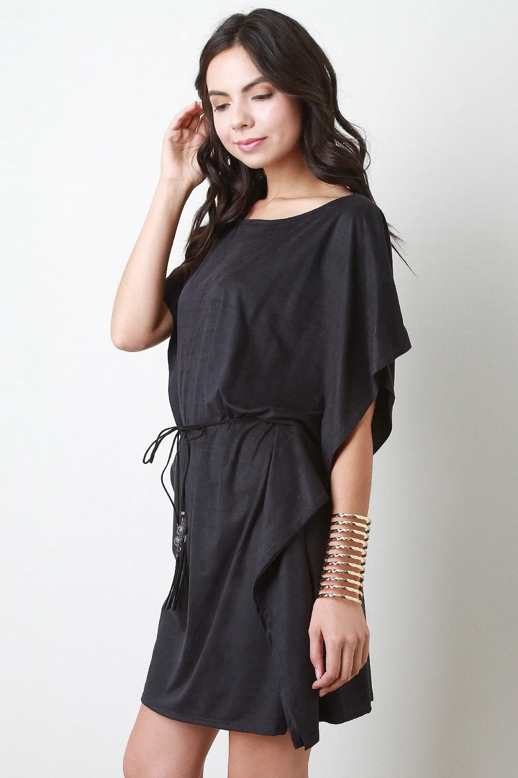 Casual Suede Belted Poncho Mini Dress