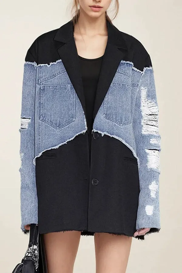 Chic Contrast Denim Lapel Collar Blazer