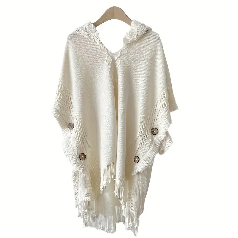 Chic Fringed Poncho Cape Shawl - Fashion Scarves with Hood, Soft Knitted Sweater, Casual Pullover for Spring/Autumn Travel, One Size, White, Versatile and Cozy Wear for Women