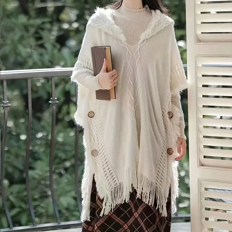 Chic Fringed Poncho Cape Shawl - Fashion Scarves with Hood, Soft Knitted Sweater, Casual Pullover for Spring/Autumn Travel, One Size, White, Versatile and Cozy Wear for Women