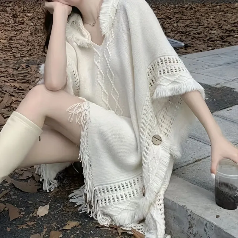 Chic Fringed Poncho Cape Shawl - Fashion Scarves with Hood, Soft Knitted Sweater, Casual Pullover for Spring/Autumn Travel, One Size, White, Versatile and Cozy Wear for Women