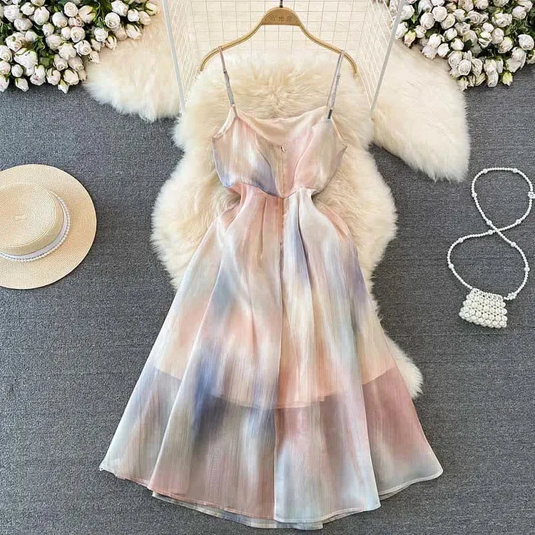 Chic Rainbow Print A-line Chiffon Slip Dress