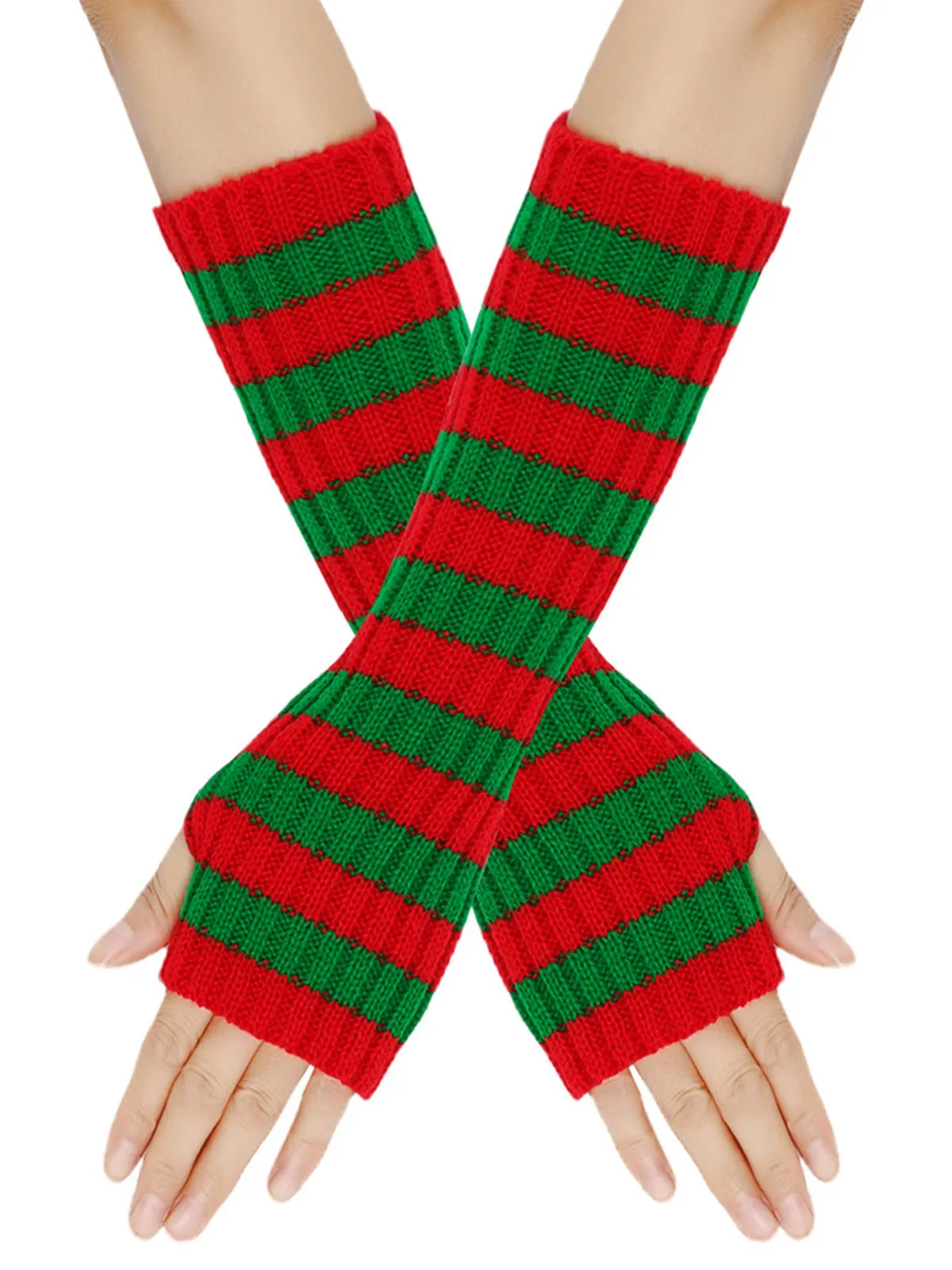 Christmas Contrast Stripe Knit Fingerless Gloves