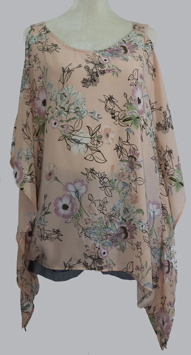 Cold shoulder floral print poncho style top