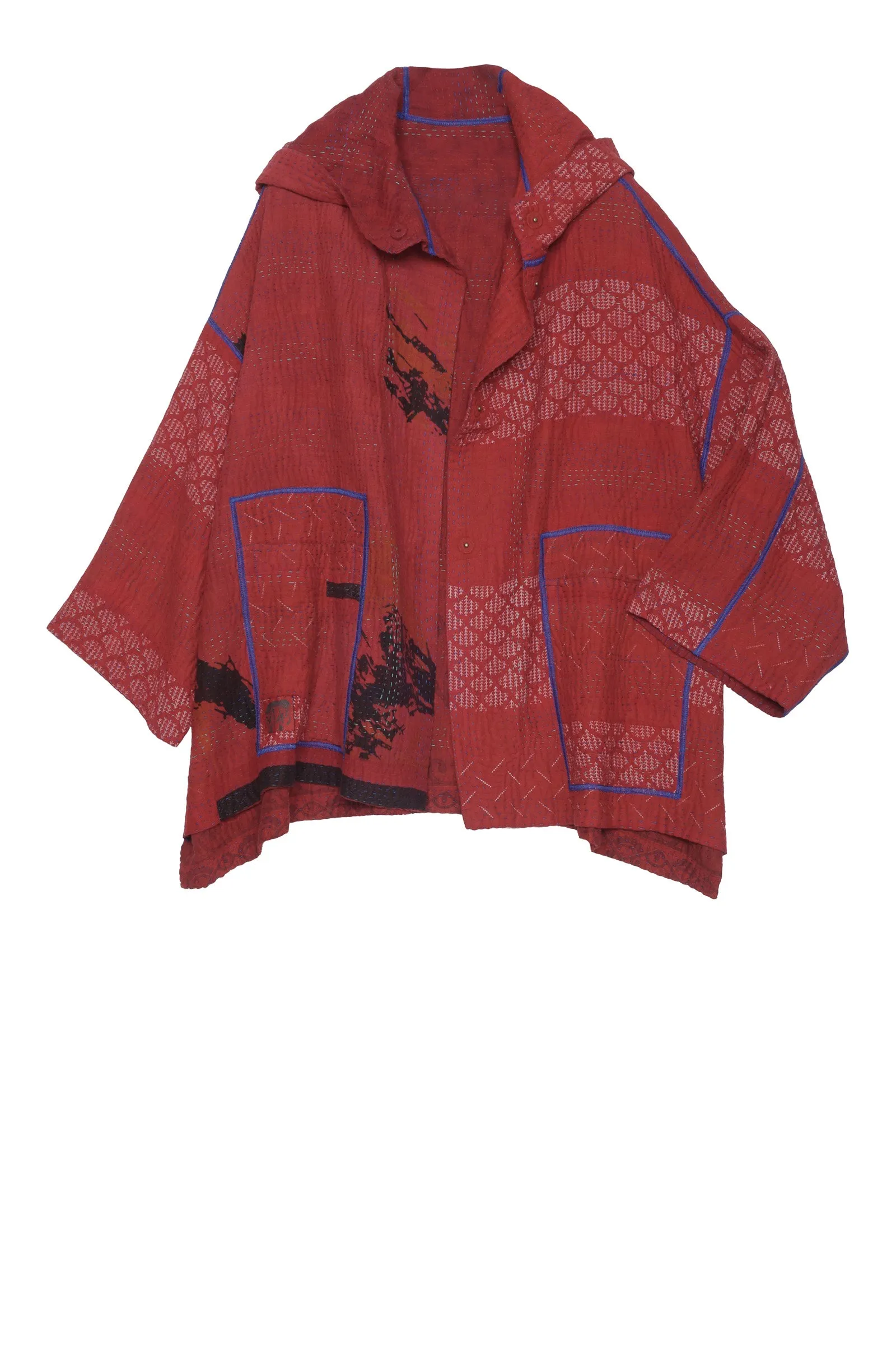 COTTON OVER DYE KANTHA HOODIE PONCHO