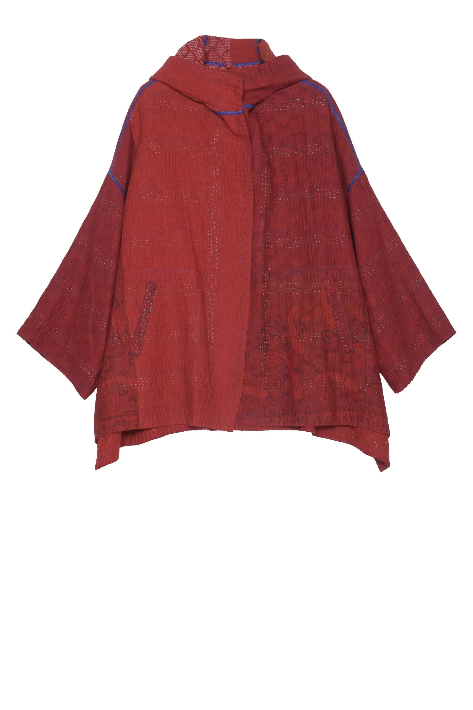 COTTON OVER DYE KANTHA HOODIE PONCHO