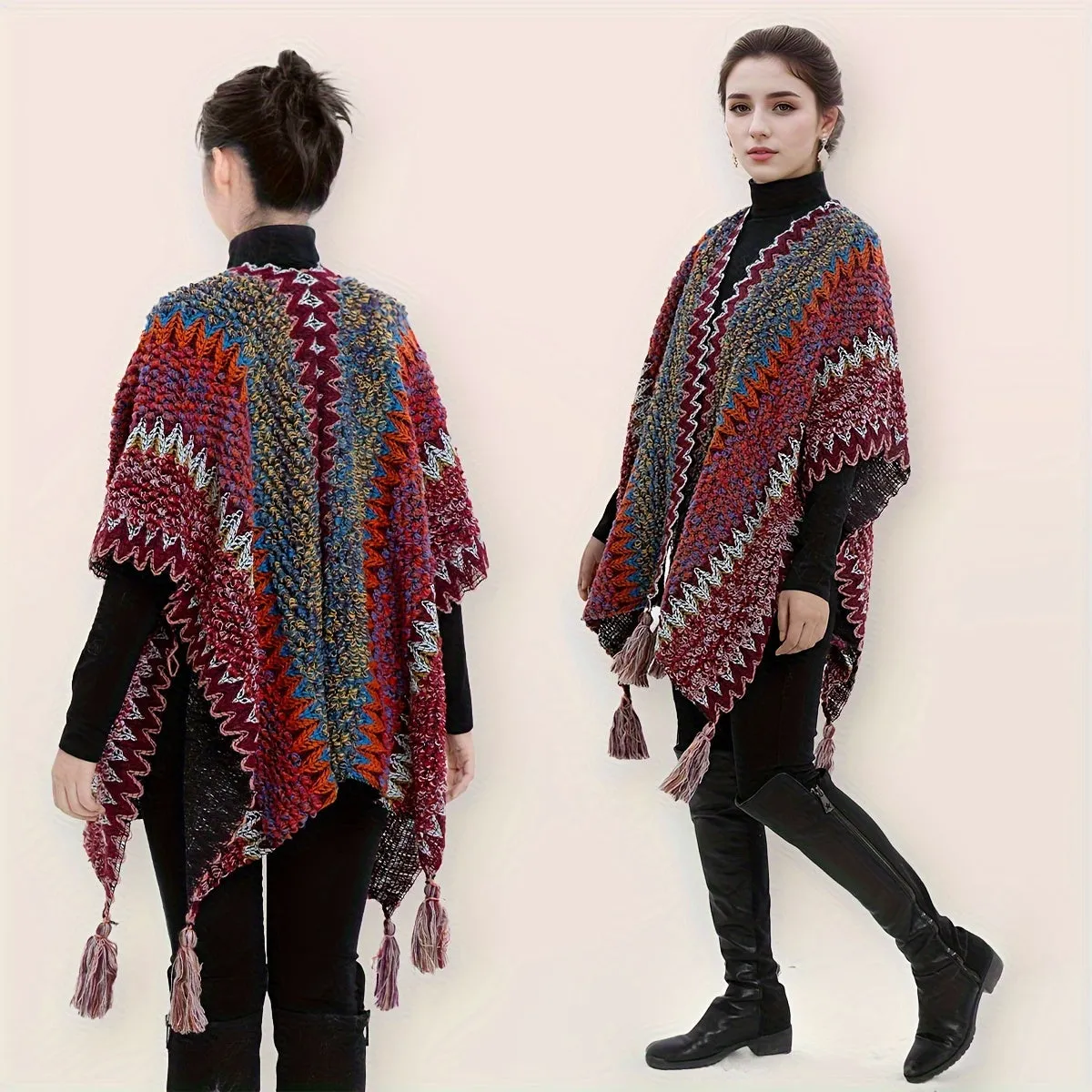 Cozy Boho Chic Shawl Cardigan - Women's Accessories - Soft Mixed Color Knitted Wavy Striped Poncho with Tassel, Windproof, and Warm for Winter Outdoor Activities