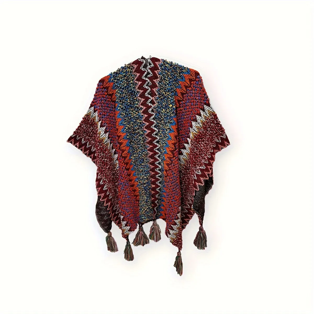 Cozy Boho Chic Shawl Cardigan - Women's Accessories - Soft Mixed Color Knitted Wavy Striped Poncho with Tassel, Windproof, and Warm for Winter Outdoor Activities