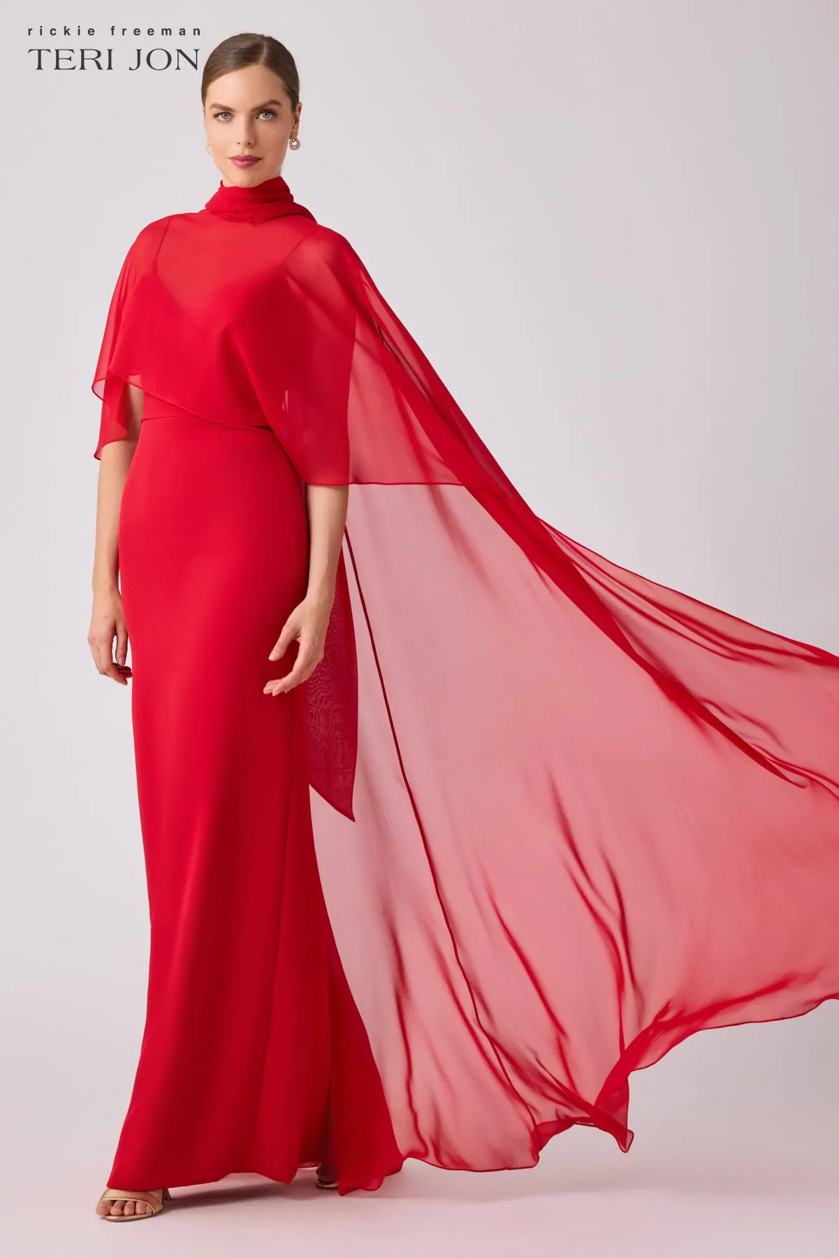 Crepe Slip Bodice Gown With Chiffon Cape Overlay