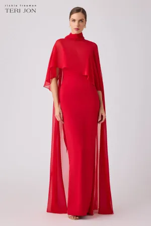 Crepe Slip Bodice Gown With Chiffon Cape Overlay