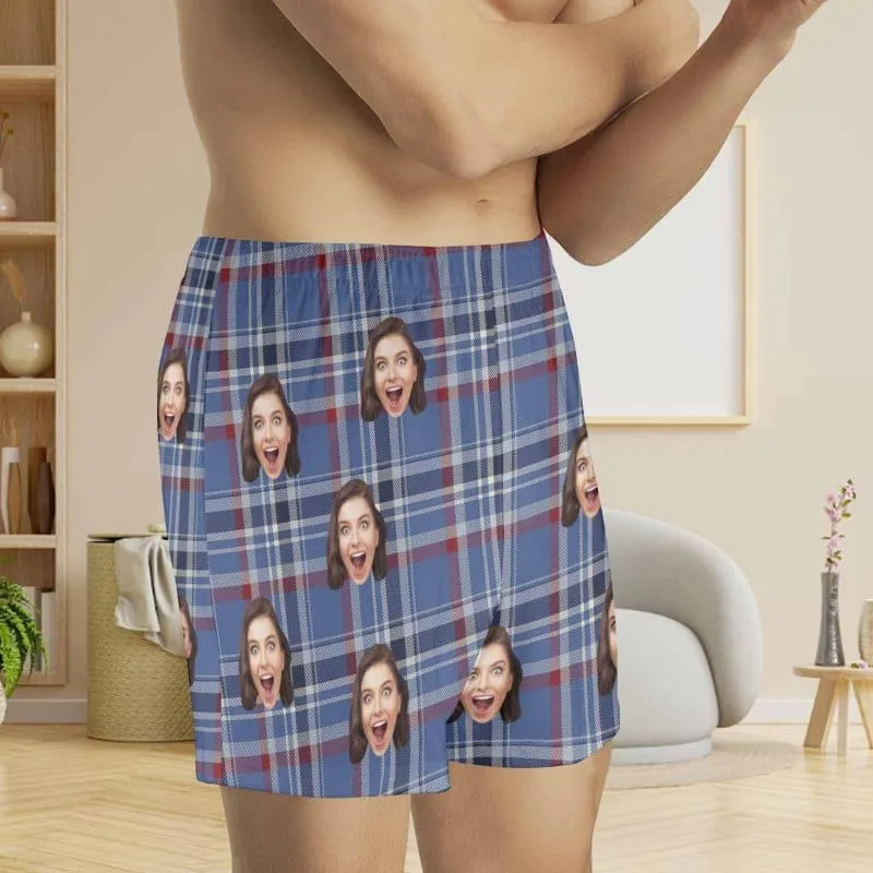 Custom Face Blue&Red Plaid Boxer Shorts Pure Cotton Shorts for Men