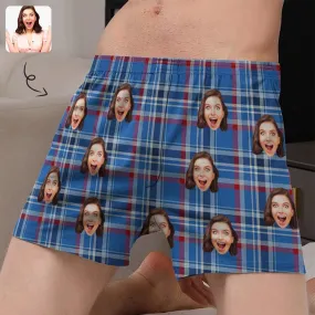 Custom Face Blue&Red Plaid Boxer Shorts Pure Cotton Shorts for Men