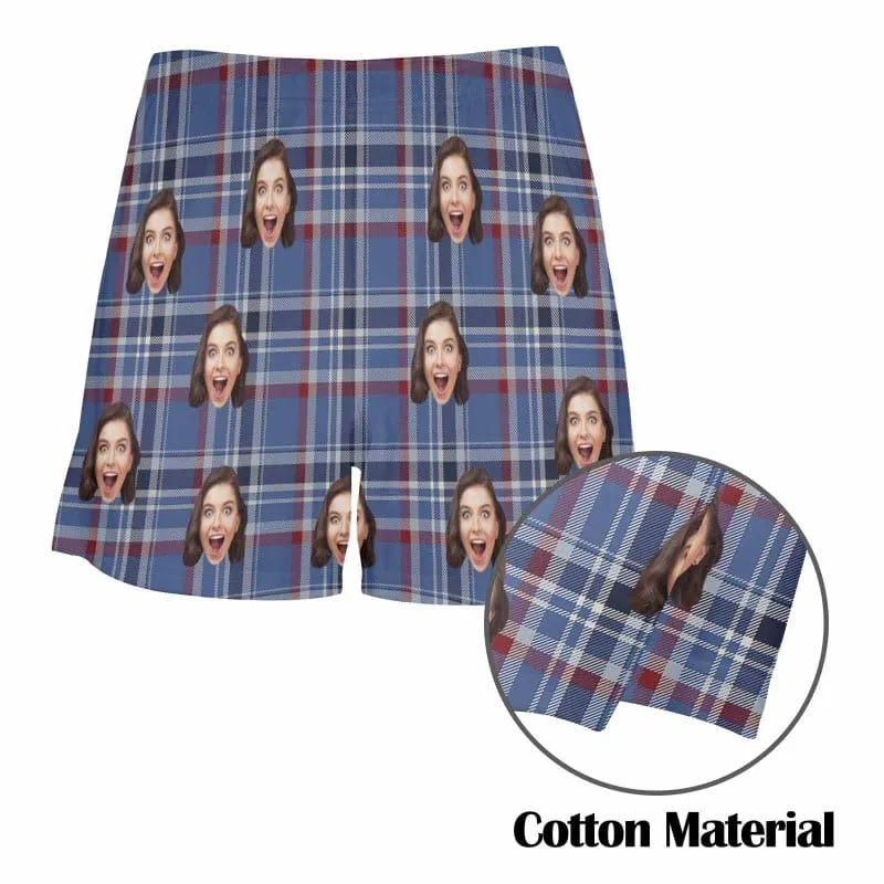 Custom Face Blue&Red Plaid Boxer Shorts Pure Cotton Shorts for Men