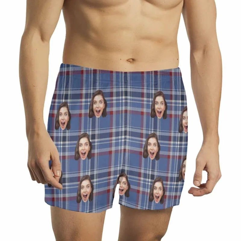 Custom Face Blue&Red Plaid Boxer Shorts Pure Cotton Shorts for Men