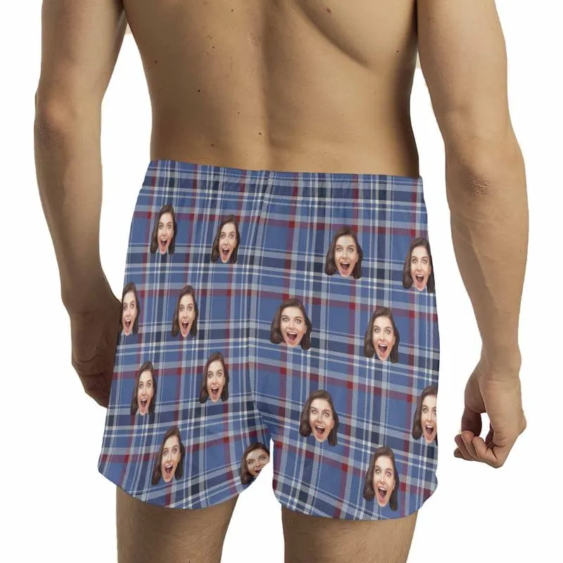 Custom Face Blue&Red Plaid Boxer Shorts Pure Cotton Shorts for Men