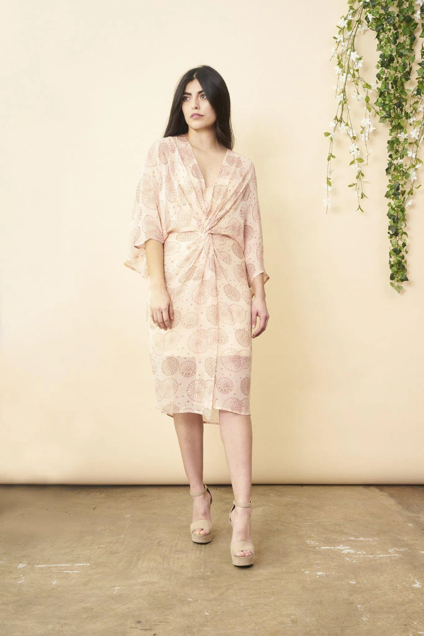 Dancing Umbrellas Twisted Midi Dress in Blush and Rose