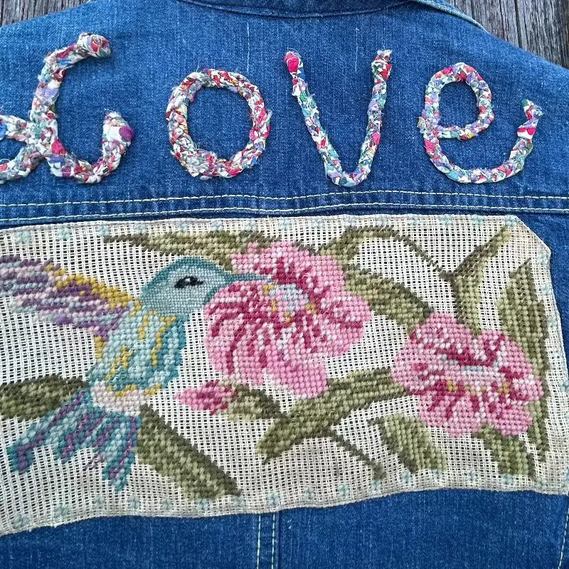 Denim Blazer with Antique Needle Point Hummingbird Applique