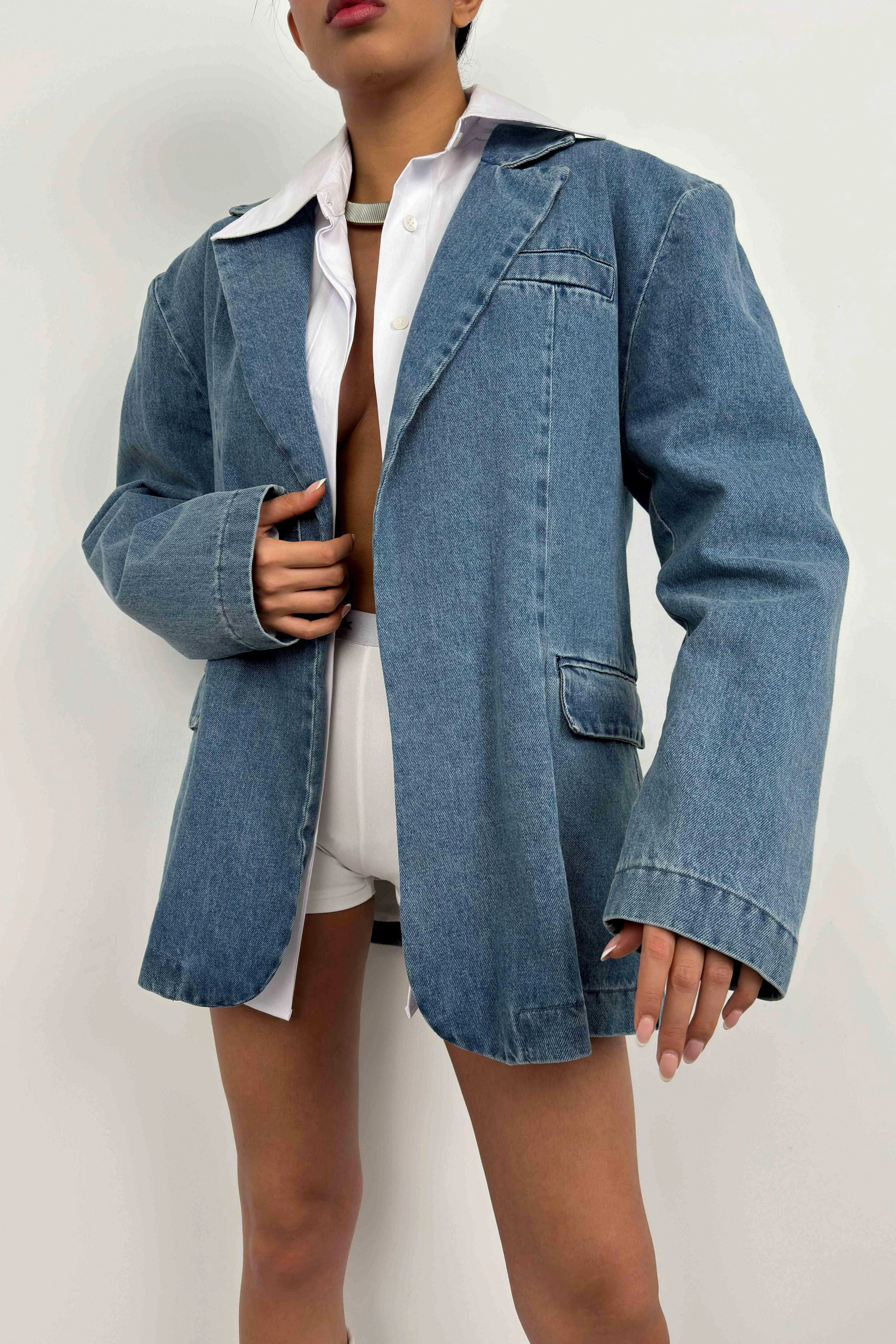 Denim Blazer With Shoulder Pad