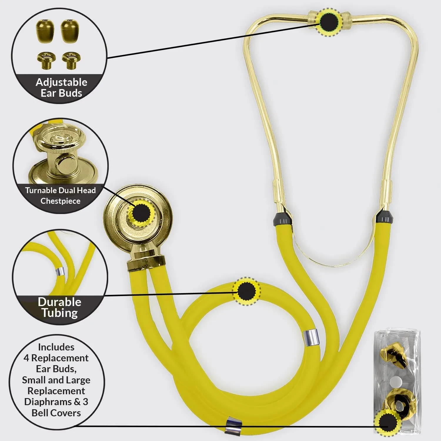 Dixie Ems Sprague-Rappaport Type Two Tube Stethoscope – Yellow with Plated Gold