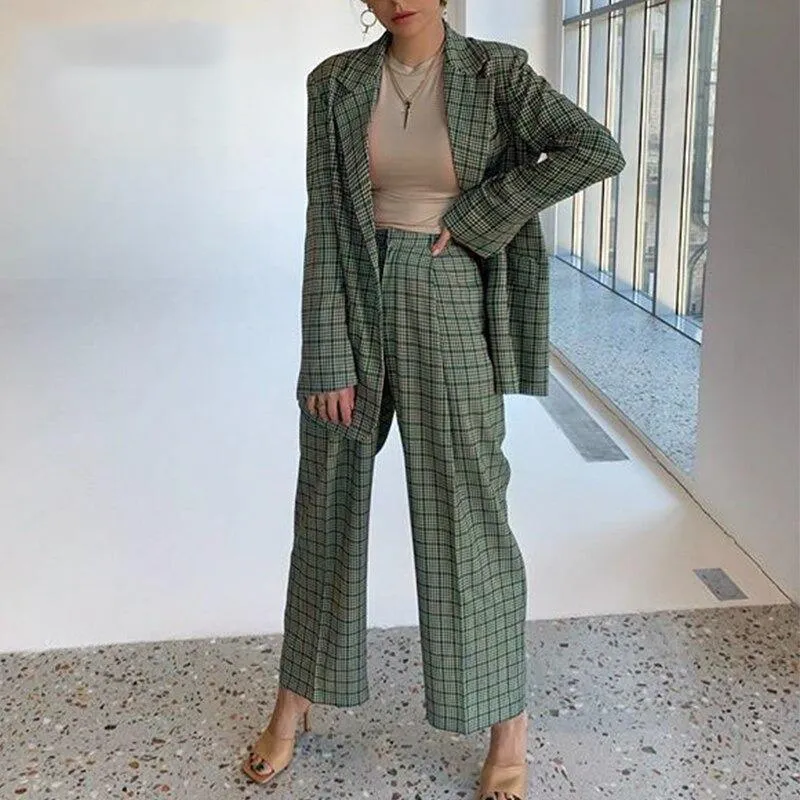 Elegant Plaid Two-pieces Women Blazer Suit Casual Female Blazer Set