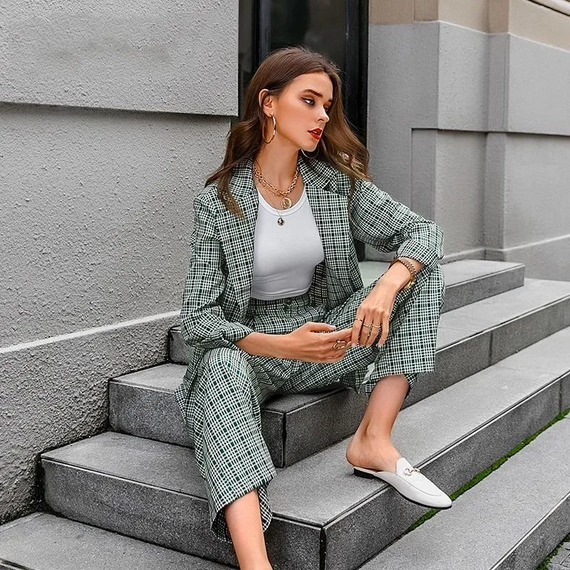 Elegant Plaid Two-pieces Women Blazer Suit Casual Female Blazer Set