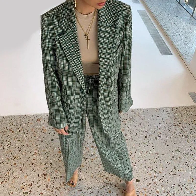 Elegant Plaid Two-pieces Women Blazer Suit Casual Female Blazer Set