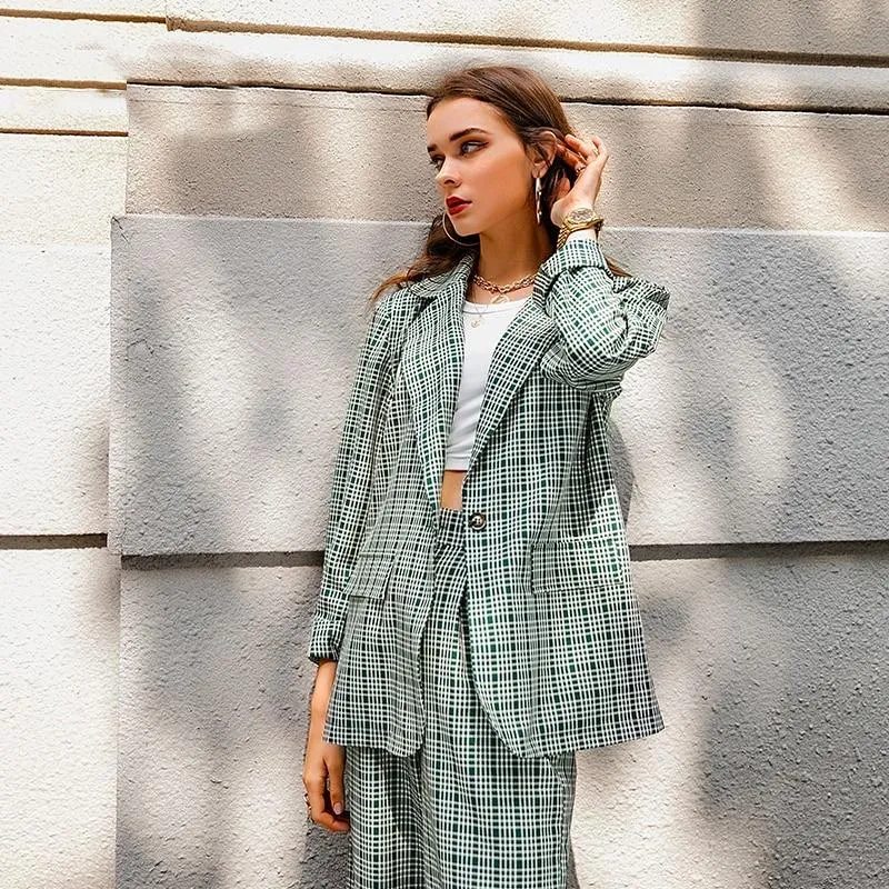 Elegant Plaid Two-pieces Women Blazer Suit Casual Female Blazer Set