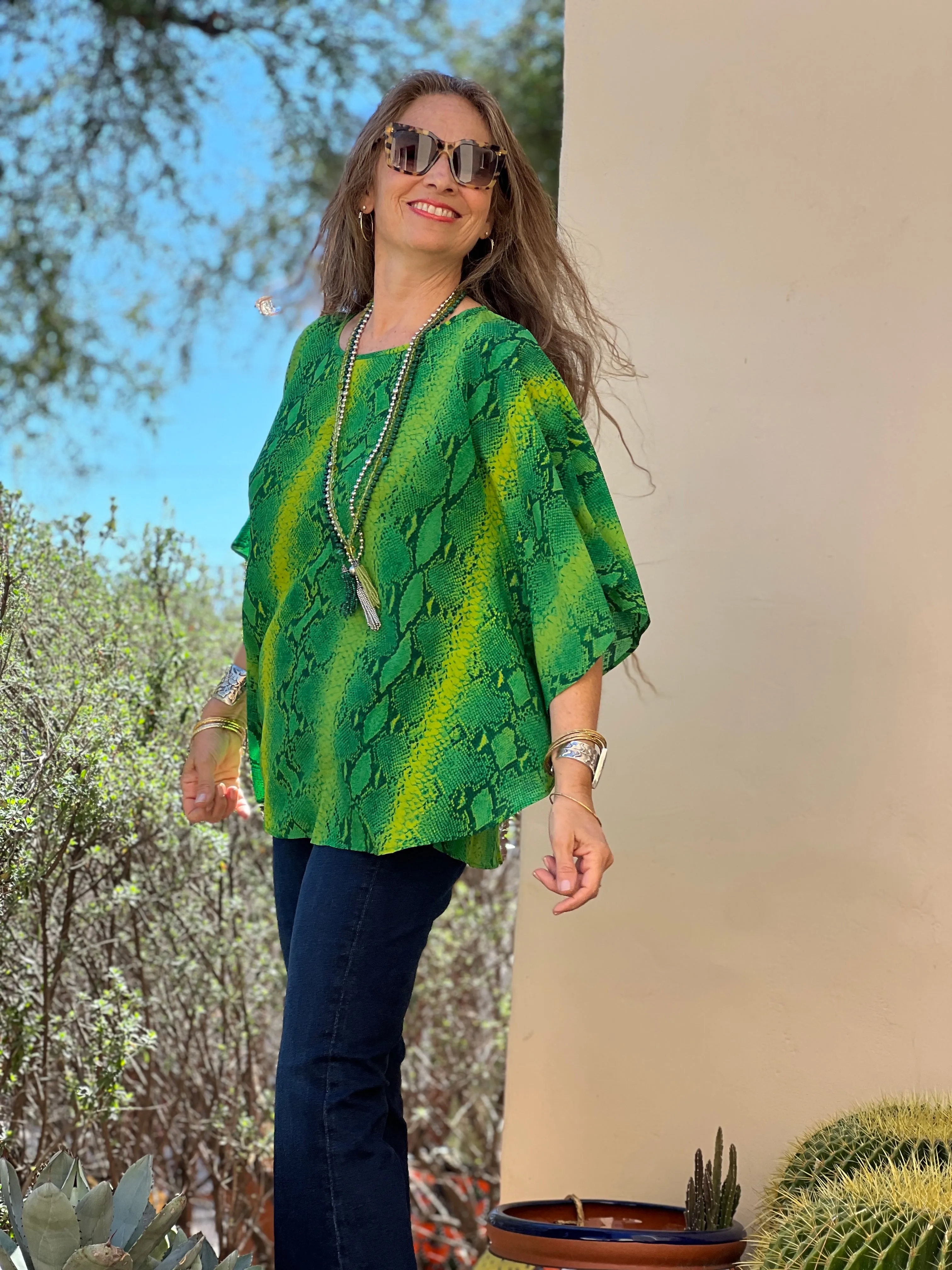 Emerald Green Serpente Italian Silk Poncho