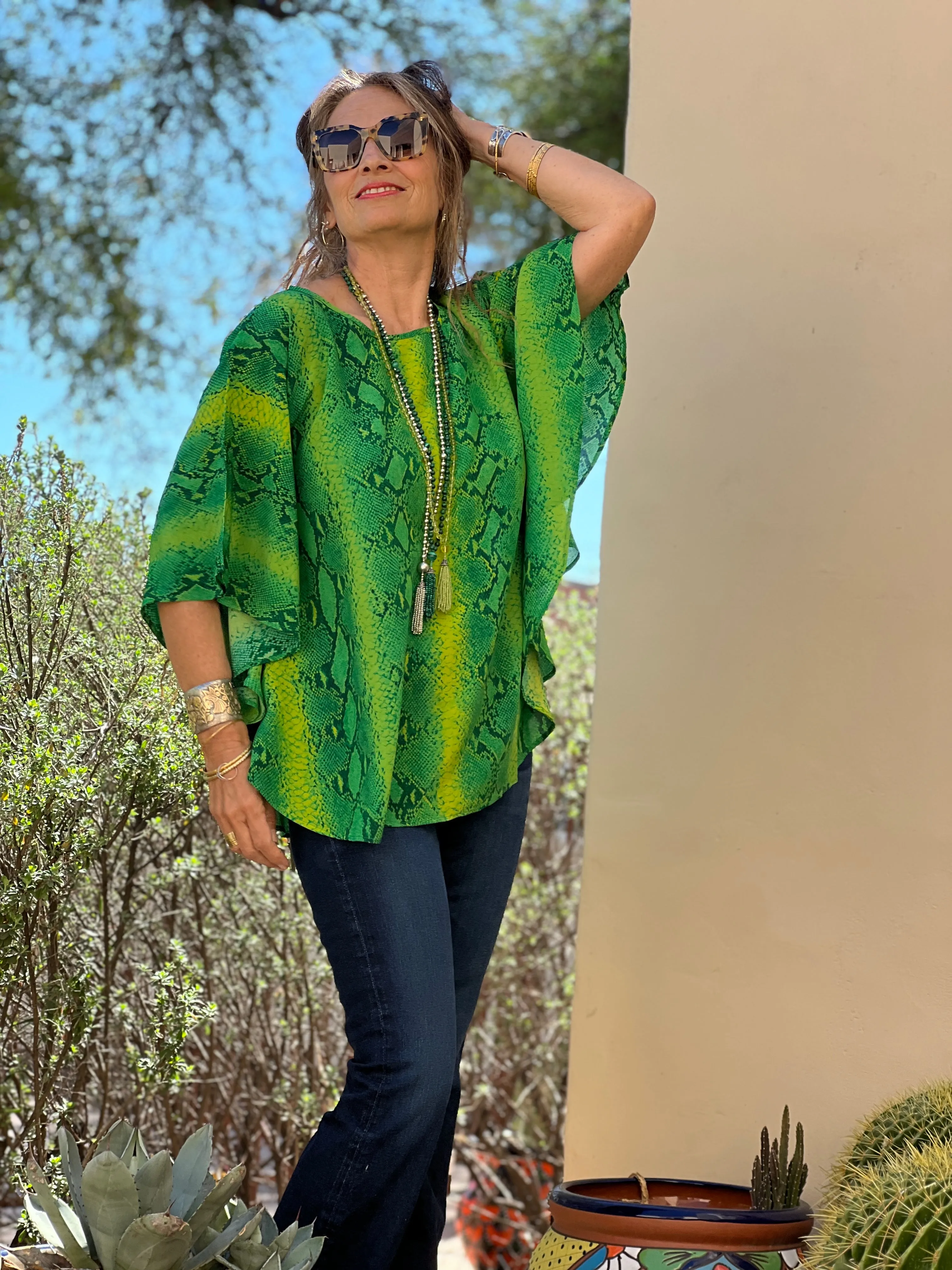 Emerald Green Serpente Italian Silk Poncho