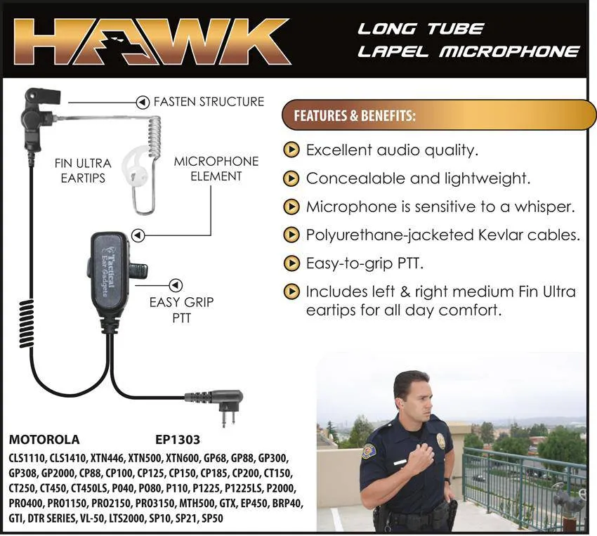 EP1303 Hawk Lapel Microphone fits Motorola / HYT Two Pin