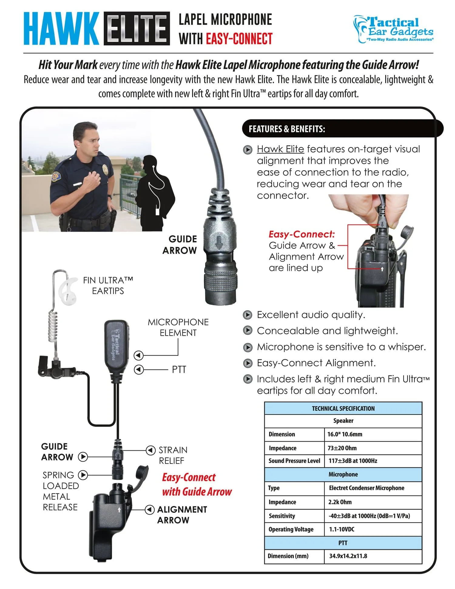 EP1311EC Hawk Lapel Microphone w/Easy-Connect fits Kenwood Multi Pin