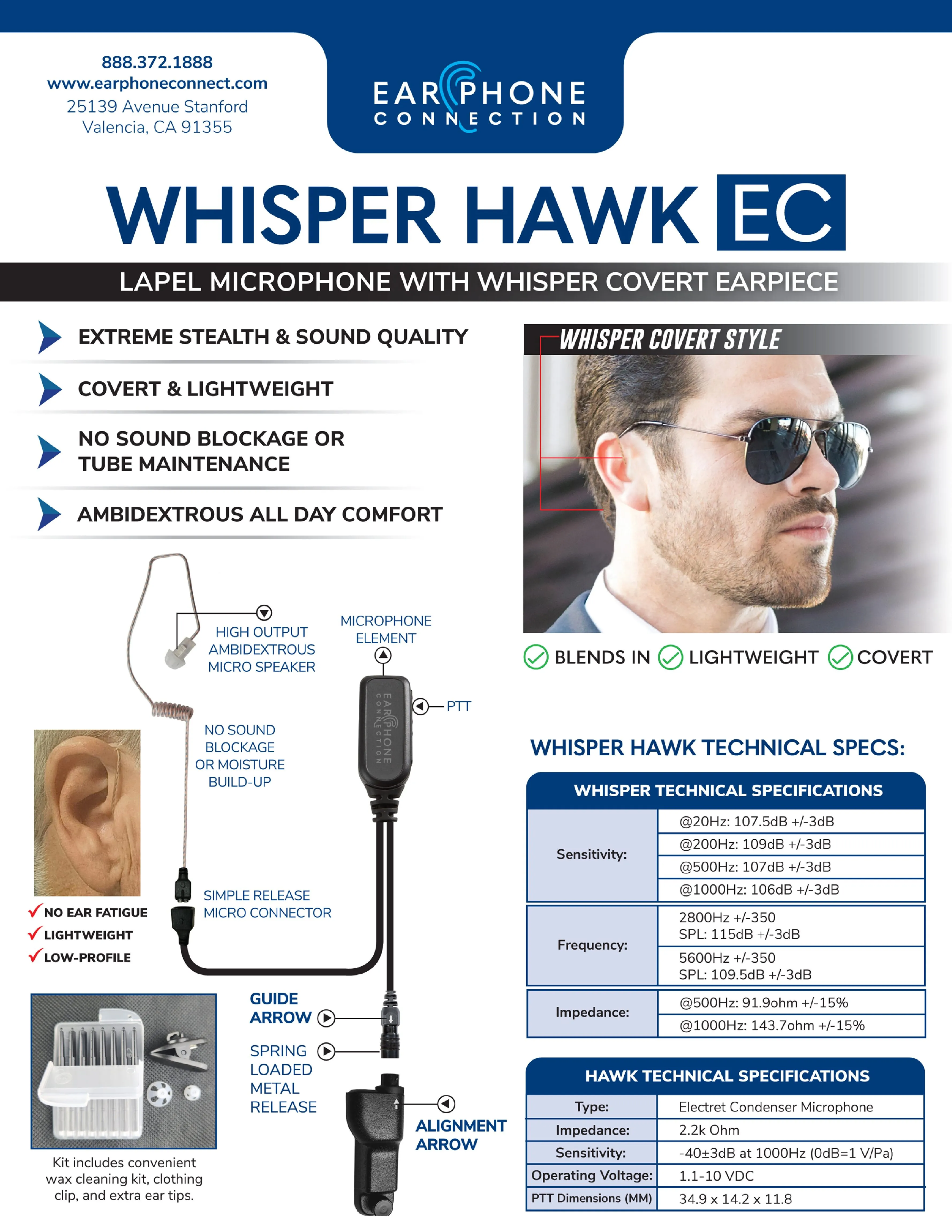 EP1311EC-W Whisper Hawk EC Covert Lapel Microphone fits Kenwood Multi-Pin